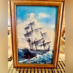 Vintage lenticular 3D art print depicting a sailing ship